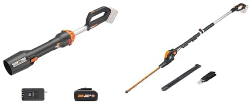 WORX Soffiatore a Batteria 20V WG543E Brushless Potente Leggero e Pratico Batteria e Caricatore & Tagliasiepi con asta telescopica 20 V max.| PowerShare | WG252E.9