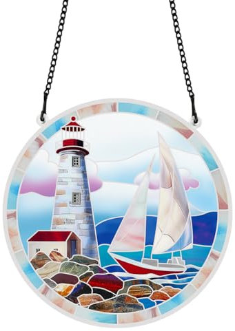 PLIGREAT Sonnenfänger Leuchtturm Segelboot Acryl Glasmalerei Sonnenfänger Sommer Terrasse Garten Hängende Baum Ornamente für Wohnzimmer Schlafzimmer Spielzimmer Fenster Dekoration Gedenkgeschenke