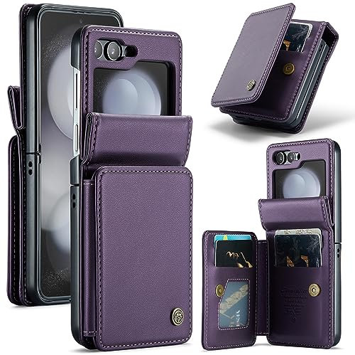 XIMAND Custodia a Portafoglio per Samsung Galaxy Z Flip 6 con Blocco RFID e 4 Porta Carte di Credito, Cavalletto in Pelle Resistente e Resistente con Chiusura Magnetica Cover Protettiva. - Viola