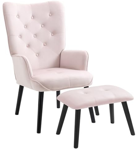 AVAWING Fauteuil avec Tabouret - Fauteuil TV avec Pieds en Bois d'caoutchouc - Fauteuil de Relaxation pour Salon, Chambre à Coucher, Bureau - Rose