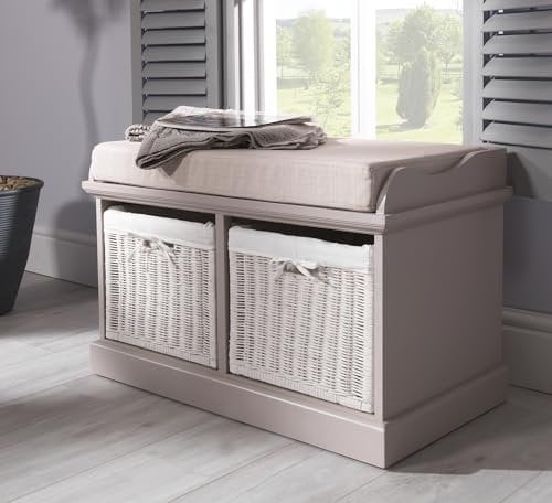 Statement Furniture Tetbury Truffle Bench with Storage Baskets and Cushion Seat | Hallway Bench | W76cm H46cm D40cm | Fully Assembled, Very Sturdy (truffle)