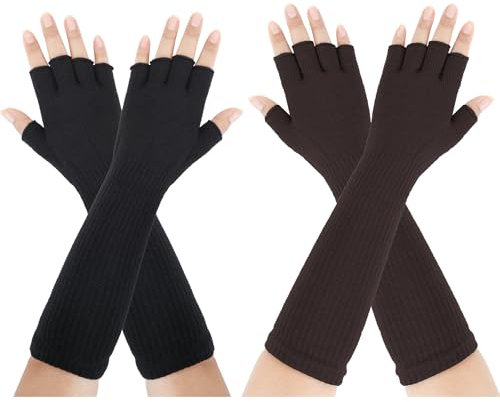 Kiiwah 2 Paar Lange Fingerlose Handschuhe Unisex Lange Stricken Armstulpen Halbfinger Handschuhe für Männer Frauen Winter Herbst(Schwarz Braun)
