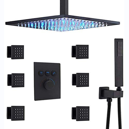Ensemble de douche Système de douche, laiton thermostatique noir mat 10-12 pouces LED système de pomme de douche à effet de pluie au plafond avec jets de corps et ensemble de douche de salle de bain à