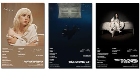 NBAAVBJV Billie Eilish Lot de 3 affiches en édition limitée sans cadre 20 x 30 cm - Décoration pour chambre à coucher, bureau, chambre à coucher