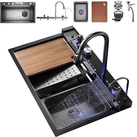 Fregadero De Cocina De Acero Inoxidable Con Grifo De Cascada Digital – Fregadero De Una Sola Cubeta De Montaje Superior, Grifo Extraíble Multifuncional, Dispensador De Jabón Y Juego(Black-Grey#2,75x45