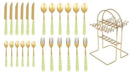 24pcs Mixed Cutlery Set Stainless Steel Ceramic Handle Tableware Dinnerware Set with Storage Stand-Knives/Spoons/Forks/Teaspoons for Family, Restaurants, Restaurants, Parties (Light Green+Gold)