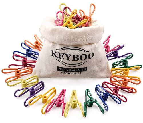32 pinzas de la ropa de acero inoxidable multicolor, bolsa para pinzas de la ropa, pinzas de metal, pinzas para fotos, pinzas de ropa en colores coloridos para toallas, ropa, calcetines, alimentos