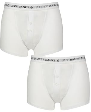 Jeff Banks Mens 2 Pack Plymouth Button Cotton Boxer Shorts White S