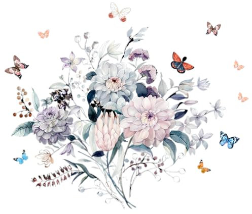 Sticker mural floral avec papillons colorés – Bouquet élégant en style aquarelle pour décoration de chambre à coucher, salon, entrée ou studio – Dimensions finales 95 x 81 cm