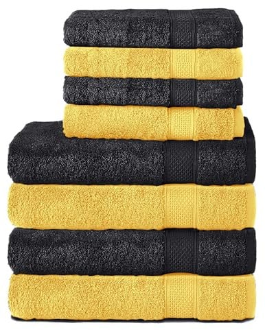 Komfortec 8er Handtuch Set aus 100% Baumwolle, 4 Badetücher 70x140 und 4 Handtücher 50x100 cm, Frottee, Weich, Towel, Groß, Schwarz/Gelb