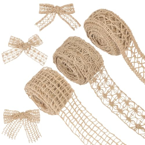 HOBBIESAY 16.4 Yards Mesh Burlap Wired Ribbon Rustic Jute Netting Ribbon Trim Hollow Jute Burlap Trim Wrapping Ribbons for Gift Wrapping Christmas Tree Decoration 1.6/1.8/2 Inch Wide