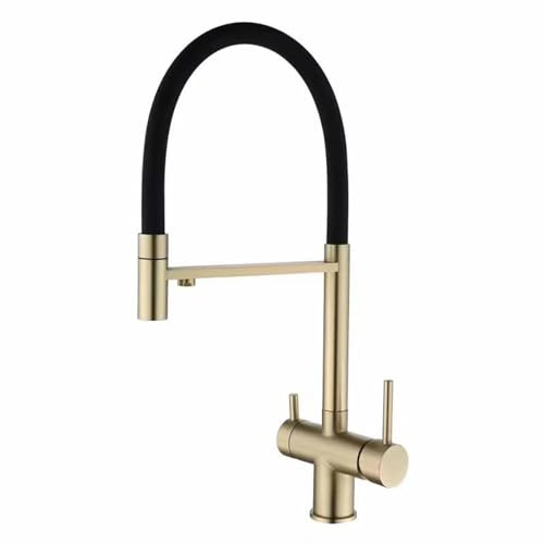 Brushed Gold Kitchen Mixer Tap with Pull Out Spray - 3 in 1 Double Handle Drinking Water Faucet for Sink, Modern Design, Easy Installation