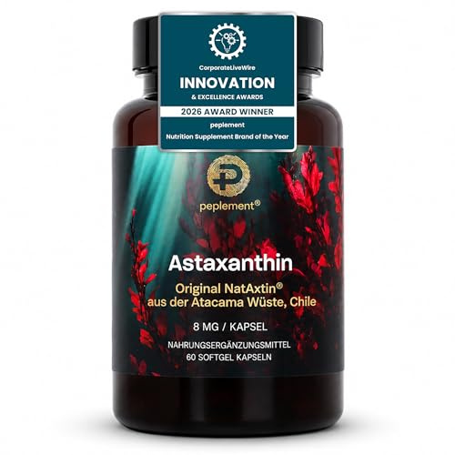 peplement Astaxanthin 8 mg Softgel NatAxtin® – Natürliches Astaxanthin aus Mikroalgen | Mit Vitamin E | Vegan, MCT Öl (Palmölfrei) | Zellschutz & Antioxidans | 60 Softgel Kapseln