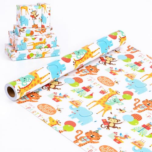 43cm x 15m Geschenkpapierrolle Geburtstag,Recycelbares Geschenkpapier Happy Birthday für Kindergeburtstag Babyparty Mädchen Jungen Erwachsener (Tiergeburtstag)