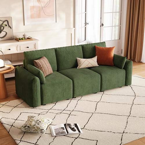 JINOVIA 3 Sitzer Cord Kleine Sofas für Kleine Räume, Modulares Ecksofa 254cm, Individuell konfigurierbare Wohnlandschaft, hochdichter Memory-Schaum, abnehmbare & waschbare Kissenbezüge, Grün