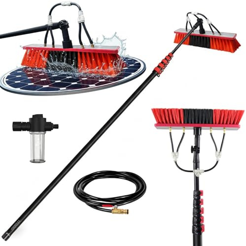 3.6-20 m Carbon Fibre Telescopic Water-Fed Pole for Solar Panel Cleaning, Lightweight, 180° Adjustable Brush with Soap Dispenser & 20m Hose, Cleaner for Window/Caravan/Roof/Patio (55cm Brush,15.2M)