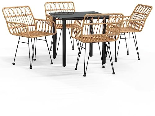 XHNIFBN 5-TLG. Garten-Essgruppe, Rattan Sitzgruppe mit 4 Stühlen und Esstisch 80x80 cm, Outdoor Terrassenmöbel aus Poly Rattan mit Stahlrahmen und Tischplatte aus gehärtetem Glas