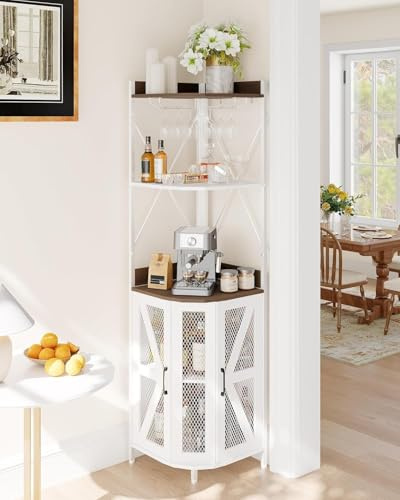 GarveeHome Buffet à vin d’Angle 5 Niveaux avec éclairage LED, étagères Ajustables, Porte-Verres – Rangement 12 Bouteilles, métal et Bois Industriel, pour Salon, Cuisine, Salle à Manger, Blanc + chêne