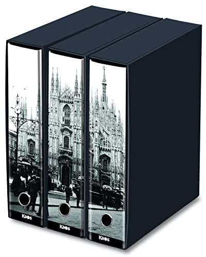 Kaos - Set 3 Raccoglitori ad Anelli - DUOMO DI MILANO - Dossier Dorso 8 cm, Meccanismo a Leva - Protocollo Portadocumenti per Casa e Ufficio - Misure: 26cm x 29cm x 35cm