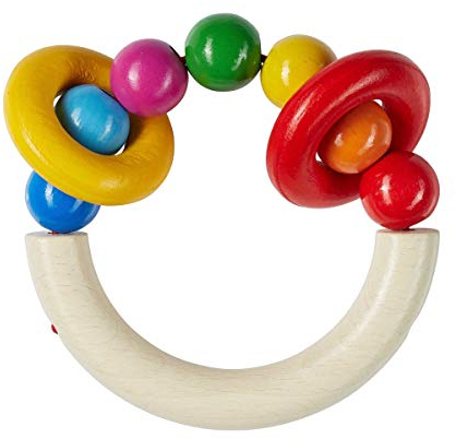 solini Greifling Klick Klack - Babyspielzeug - mit 2 verschiedenfarbigen Ringen und 7 Holzperlen - ab der Geburt - aus Holz gefertigt