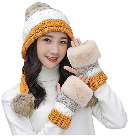 Stillshine Damen Winter Plüsch Mütze Zwei Bommel Mütze Handschuh Set Wintermütze Gestrickt Mütze Hut Plüsch Futter Multicolor (Gelb, Mütze（Keine Handschuhe）)