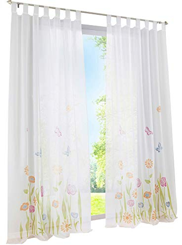 ESLIR Gardinen mit Schlaufen Vorhänge Gardinenschals Transparent Schlaufenschal Blumen Muster Voile Grün BxH 150x175cm 1 Stück