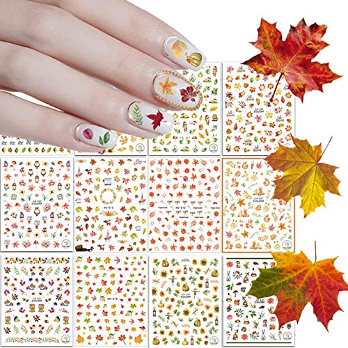 Kalolary Autumn Fall Nail Art Stickers Decals, 12 Sheets 3D Nail Self-Adhesive Decals Maple Leaves Harvest Pumpkin Squirrel Sunflower for Nail DIY Design Nail Art Decoration