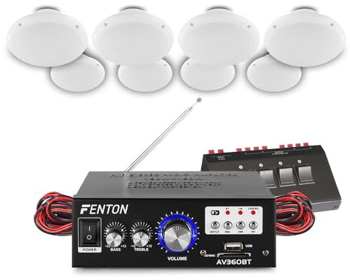 eAudio Bluetooth Ceiling Speaker System with Amplifier FM Radio and MP3 USB for Home Hi-Fi Cafe Restaurant Shop Installation (Eight Speakers with Switch Box)