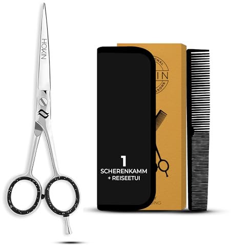 HOKIN Friseurschere Haarschere Profi Friseurscheren, 4-teiliges Kit mit Scharfe Licht Haarschneideschere, Schwarzer Kamm, Abnehmbarem Achwarzen Kammring und klimafreundlicher Verpackung (Polieren)