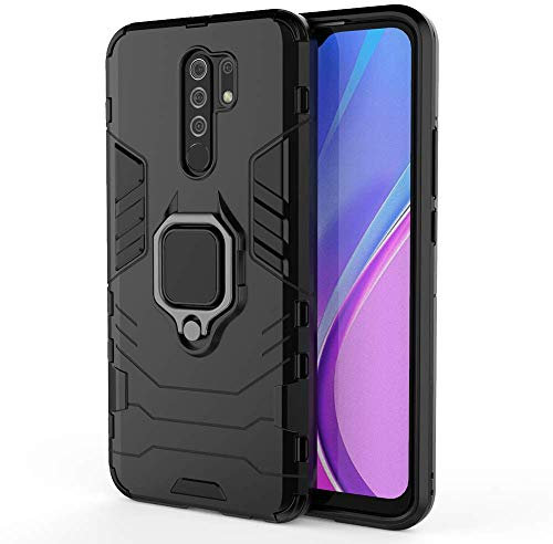 TANYO - Carcasa para Xiaomi Redmi 9, Funda de TPU y PC Armor con Soporte de Soporte, Carcasa híbrida de Silicona antigolpes, antigolpes, Color Negro