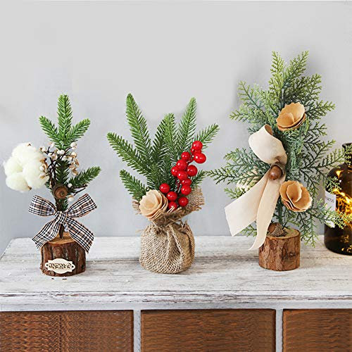 Mini árbol de navidad,3 PCS Christmas Tabletop Tree Árbol de Navidad artificial con adornos Cono de pino, Bowknot y bayas rojas Decoración navideña para decoraciones de mesa y escritorio de Navidad