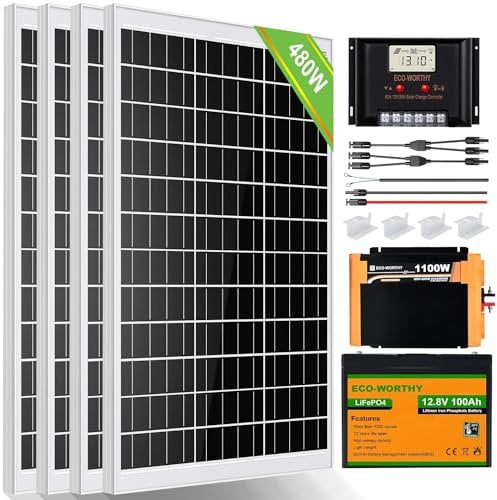 ECO-WORTHY 2 kW·h 0% MwSt. Solarsystem 480W 24V mit Batterie netzunabhängig für Wohnmobil: 4 Stücke 120W Solarmodul + 60A Laderegler + 2 Stücke 50Ah Lithiumbatterie + 1500W Wechselrichter