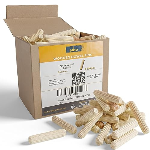 ALBO 100 Pcs. Fluted Wood Dowel Pins for Woodworking, 1/2 x 2 Inch