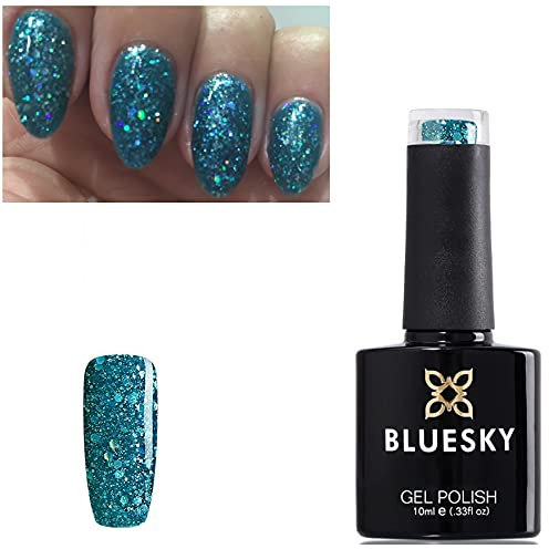 Bluesky Gel Polish GLITTER DIAMOND RANGE BLZ CHOOSE YOUR COLOR GLITTER GEL UV LED Soak Off 10ml (BLZ 10 Teal Blue Green Glitter)