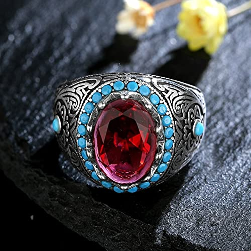 DJMJHG Silberring für Männer mit Oval Blau Zirkon Stein Ring Aquamarin Edelstein Schmuck Männlich Thai Silber Türkischer Schmuck 6 Rot