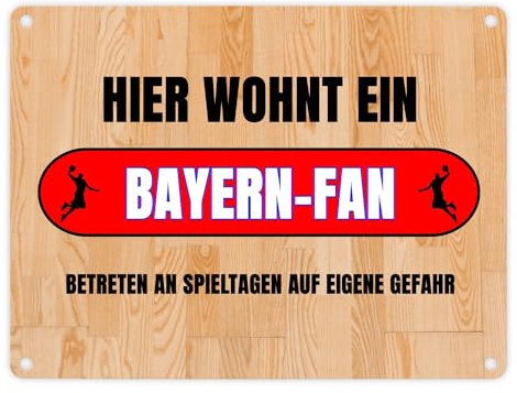 Hier wohnt ein Bayern-Fan Metallschild in 15x20 cm mit Turnhallenboden Motiv Sportfan Bayern Sport Sportler