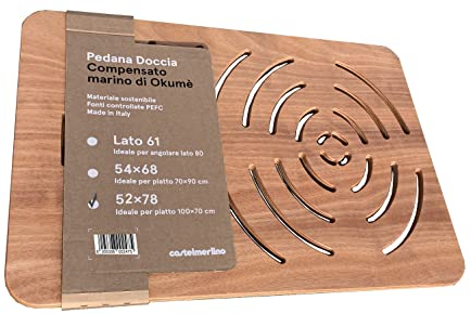 Castelmerlino Tarima para ducha en madera contrachapada marina Okumè 78x52 cm para platos de ducha 100x70 cm