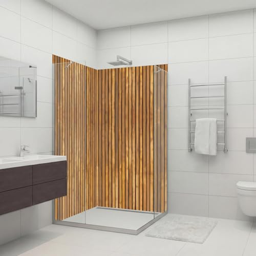 Dedeco 2x Premium Bad Duschrückwand mit Motiv: Holz V6, 90x200cm mit UV-Lack glänzend, wasserfest, hochwertig fugenlose Wandverkleidung aus 3mm-Alu-Verbundplatte, Fliesenersatz ohne Bohren