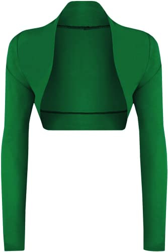 STAR FASHION Womens Long Sleeve Bolero Shrug Ladies Mini Blouse Open Front Cropped Top Lightweight Summer Cardigans Jacket Bottle Green 12-14