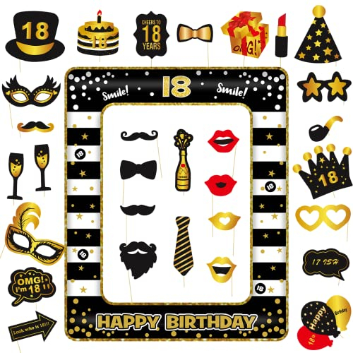 SPOKKI 30 Pezzi Photo Booth, Foto Props, Kit Compleanno, Gadget Compleanno Adulti, Accessori Festa Di Compleanno Con 1 Cornice Gonfiabile Per Selfie (18anni)