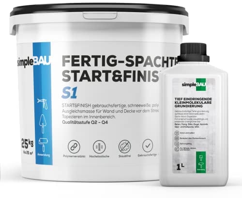 simpleBAU Gebrauchsfertige Polymer-Spachtelmasse Weiß Start&Finish 25 KG + 1L Tiefengrundierung gebrauchsfertig für Wand, Decke, Boden - Lösemittelfrei vor Anstrich & Renovierung
