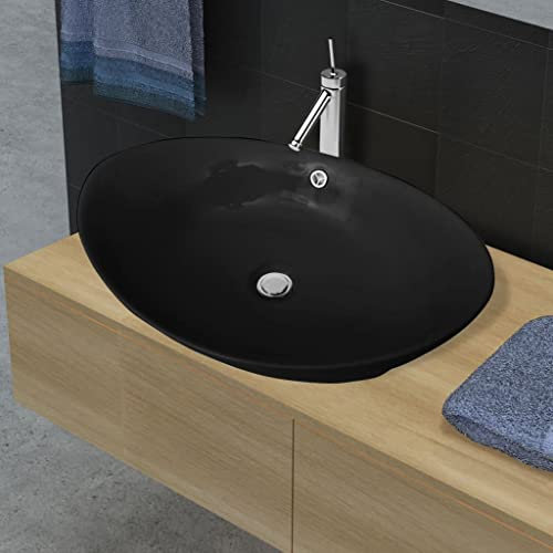 lvssiao Design Waschbecke, Waschbecken Waschtisch Luxuriöses Keramik Waschbecken Oval Schwarz Aufsatzwaschbecken Waschschale Gäste WC