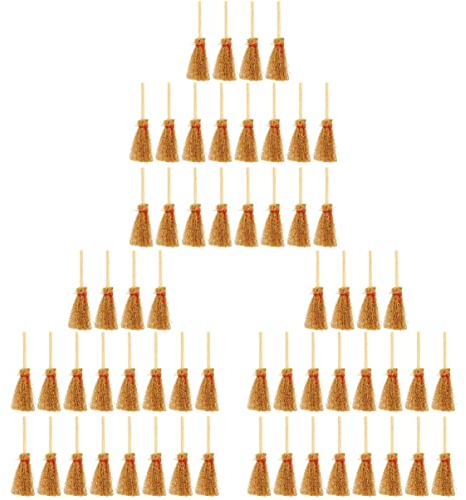EXCEART Broomstick 60 pcs Accessories Doll Broom Props Landscape Straw Decor Ornament Toys Kids Wooden Mops Craft Tool Broomstick Mini Ornaments Toy Dollhouse Cleaning House Diy for with