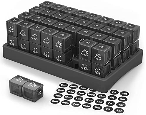 ISAKEN Pillendose Pillenbox für 1 Monat, Pillendose 31 Tage 2 Fächer Morgens Abends, Tragbar Tablettenbox Monat mit Deckel Medikamentenbox Medikamentendosierer für Unterwegs, Tägliche