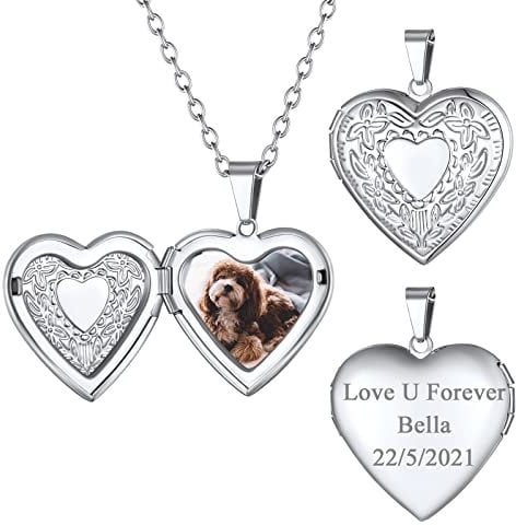 FindChic Foto Kette Personalisierte Medaillon zum Öffnen für Bilder Memorial Damen Herz Medaillon Kupfer Herzkette mit Gravur Silber Locket Amulett mit 51cm kette