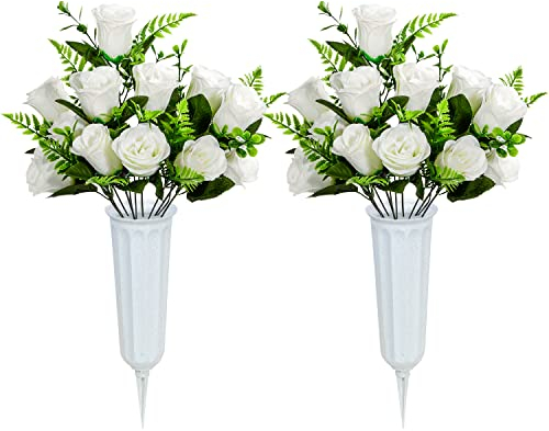 SIFOEL künstliche Grabdenkmal Blumen Friedhof Blumen Rose Bouquet mit Vase für Friedhof Grabsteine Dekoration Satz von 2 (White)