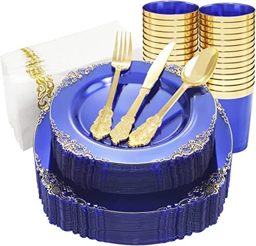LATERN 175 Stück Mehrweg Blau und Gold Plastikgeschirr, 25 Speiseteller, 25 Salatteller, 25 Messer, 25 Gabeln, 25 Löffel, 25 Tassen, 25 Servietten für 25 Gäste Hochzeit Jubiläum Garten Party