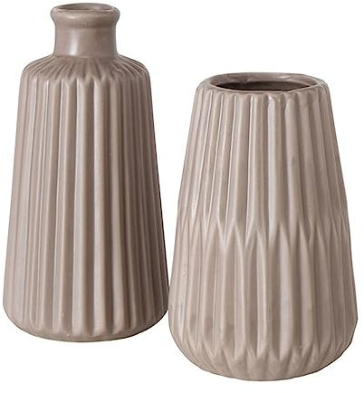 Deko Vase im 2er Set aus Keramik Mattes Design mit Rillen Höhe 18 cm Blumenvase Tischdekoration - Braun