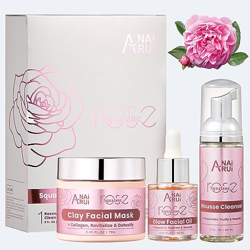 ANAiRUi Set Skincare Regalo Donna - Maschera d'Argilla Allo Squalano Di Rosa, Olio Viso Alla Vitamina C, Detergente Schiumoso All'Acqua Di Rosa - Cofanetto Per Idratare, Rassodare