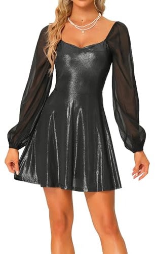 Allegra K Sparkly Dress for Women Sweetheart Neck Long Sleeve Cocktail A-Line Metallic Mini Dresses Black M